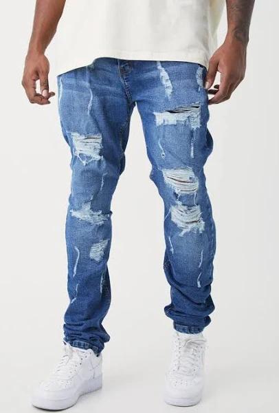 Mens Light Blue Plus Skinny Stretch All Over Rip Stacked Jeans