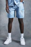 Mens Light Blue Relaxed Rigid Varsity Denim Cargo Shorts