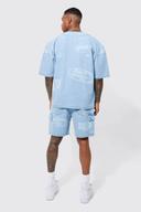 Mens Light Blue Relaxed Rigid Varsity Denim Cargo Shorts
