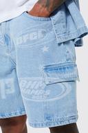 Mens Light Blue Relaxed Rigid Varsity Denim Cargo Shorts
