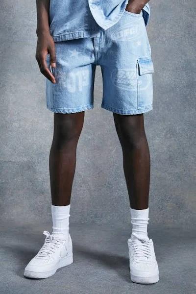 Mens Light Blue Relaxed Rigid Varsity Denim Cargo Shorts
