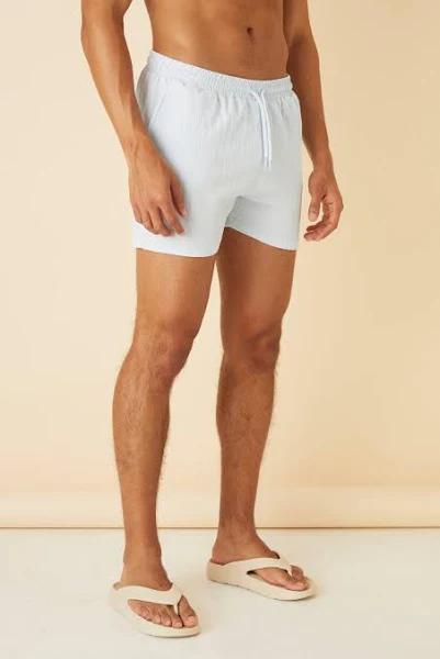 Mens Light Blue Short Length Seersucker Swim Shorts