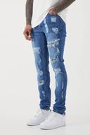 Mens Light Blue Skinny Stretch All Over Rip Stacked Jeans