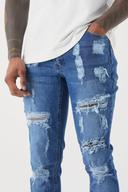 Mens Light Blue Skinny Stretch All Over Rip Stacked Jeans
