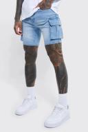 Mens Light Blue Skinny Stretch Denim Cargo Shorts