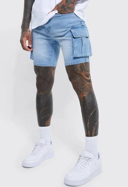 Mens Light Blue Skinny Stretch Denim Cargo Shorts