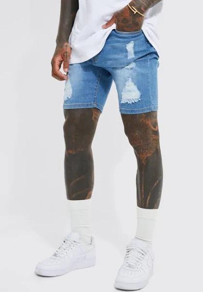 Mens Light Blue Skinny Stretch Distressed Denim Shorts