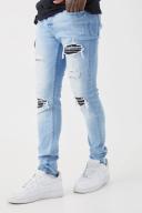 Mens Light Blue Skinny Stretch PU Rip & Repair Jeans