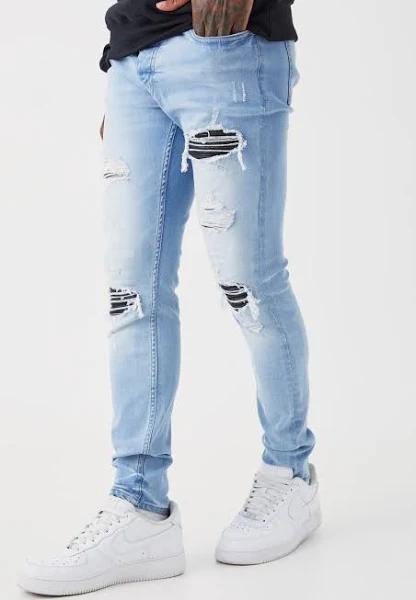 Mens Light Blue Skinny Stretch PU Rip & Repair Jeans