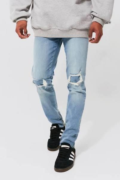 Mens Light Blue Skinny Stretch Rip and Repair Zips Jeans