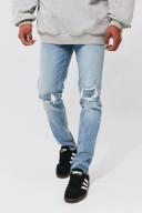 Mens Light Blue Skinny Stretch Rip and Repair Zips Jeans