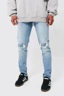 Mens Light Blue Skinny Stretch Rip and Repair Zips Jeans