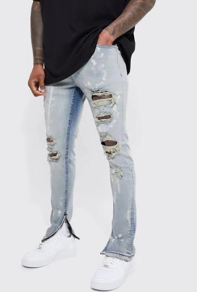 Mens Light Blue Skinny Stretch Ripped Bleached Jeans