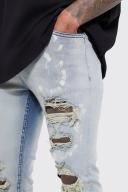 Mens Light Blue Skinny Stretch Ripped Bleached Jeans