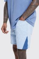 Mens Light Blue Slim Panel Paint Splat Denim Shorts