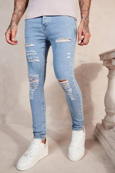 Mens Light Blue Super Skinny Jeans With All Over rips