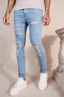 Mens Light Blue Super Skinny Jeans With All Over rips