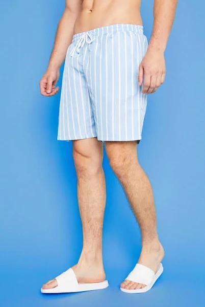 Mens Light Blue Tall Mid Length Striped Swim Shorts