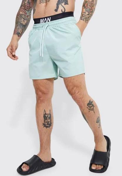 Mens Light Green Mid Length Man Waistband Swim Shorts