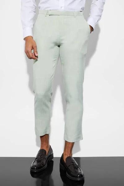Mens Light Green Slim Cropped Texture Suit Trousers