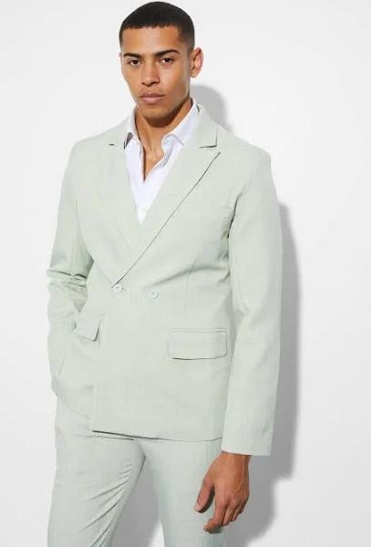 Mens Light Green Slim Double Breasted Texture Suit Jacket