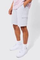Mens Light Grey Elastic Relaxed Cargo Textured Linen Short