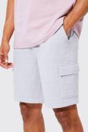 Mens Light Grey Elastic Relaxed Cargo Textured Linen Short