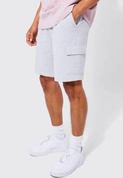 Mens Light Grey Elastic Relaxed Cargo Textured Linen Short