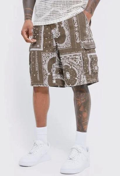 Mens Light Grey Fixed Relaxed Camo Bandana Cargo Short