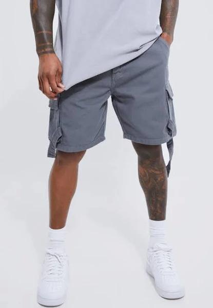 Mens Light Grey Fixed Relaxed Cargo Strap Buckle Short