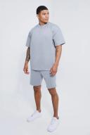 Mens Light Grey Oversized Pleat Detail Scuba T-Shirt and Short Set