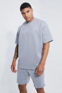 Mens Light Grey Oversized Pleat Detail Scuba T-Shirt and Short Set