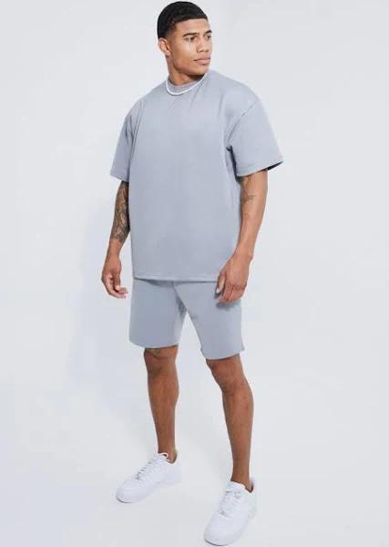 Mens Light Grey Oversized Pleat Detail Scuba T-Shirt and Short Set
