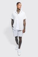 Mens Light Grey Pleated Short Sleeve Oversized Shirt and Short Set