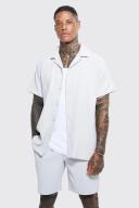 Mens Light Grey Pleated Short Sleeve Oversized Shirt and Short Set