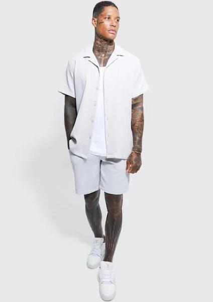 Mens Light Grey Pleated Short Sleeve Oversized Shirt and Short Set