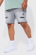 Mens Light Grey Plus Skinny Stretch Distressed Denim Short