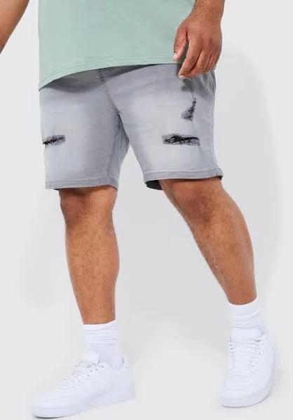 Mens Light Grey Plus Skinny Stretch Distressed Denim Short