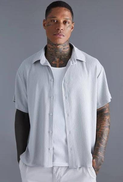 Mens Light Grey Short Sleeve Boxy Crinkle Shirt
