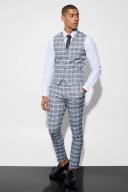 Mens Light Grey Skinny Check Suit Trousers