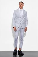 Mens Light Grey Skinny Crop Check Suit Trousers