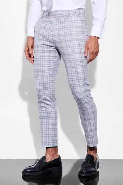 Mens Light Grey Skinny Crop Check Suit Trousers