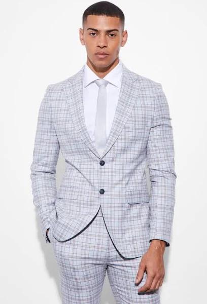 Mens Light Grey Skinny Single Breasted Check Suit Jacket