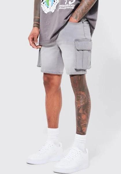 Mens Light Grey Skinny Stretch Denim Cargo Shorts