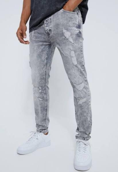 Mens Light Grey Skinny Stretch Multi Rip Jeans