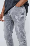 Mens Light Grey Skinny Stretch Multi Rip Jeans