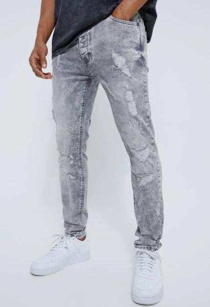 Mens Light Grey Skinny Stretch Multi Rip Jeans