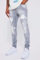 Mens Light Grey Skinny Stretch Ripped and Repair PU Biker Jeans