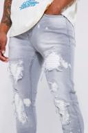 Mens Light Grey Skinny Stretch Ripped and Repair PU Biker Jeans