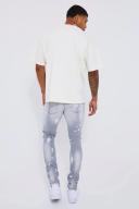 Mens Light Grey Skinny Stretch Ripped and Repair PU Biker Jeans